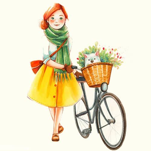 a girl with a bicycle and a basket of flowers