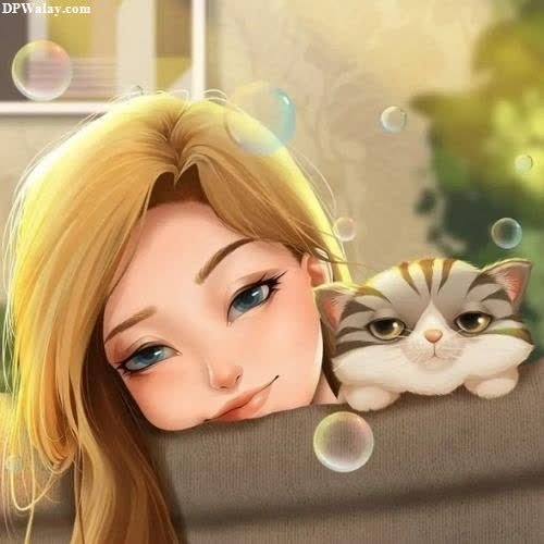 a girl is hugging her cat with bubbles 