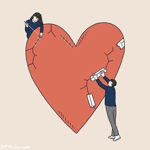 a man and woman holding a large heart 