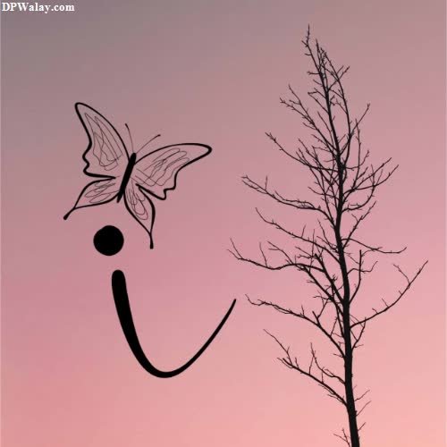 a silhouette of a tree with a butterfly on it