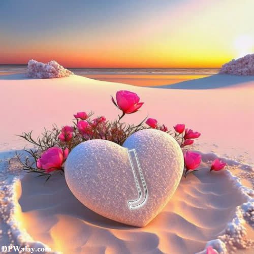 a heart shaped stone with flowers on the beach 