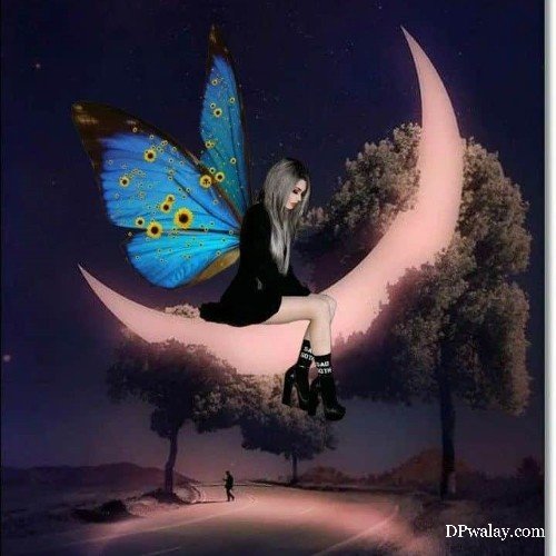 a girl sitting on the moon with a butterfly