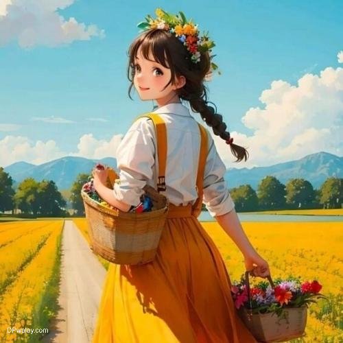 a girl in a yellow dress holding a basket of flowers
