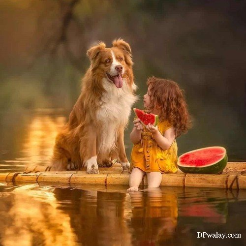 a little girl and her dog are sitting on a log