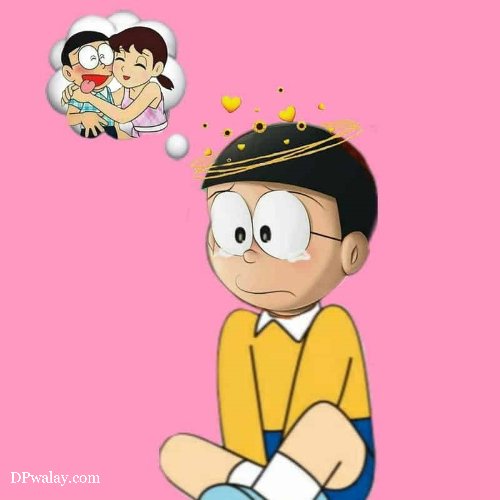 two anime characters standing in front of city shizuka nobita dp